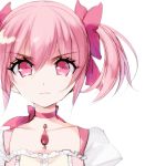  absurdres bad_id bad_pixiv_id bow choker collarbone eyebrows_visible_through_hair hair_between_eyes hair_bow highres jewelry kaname_madoka looking_at_viewer mahou_shoujo_madoka_magica misteor necklace pink_eyes pink_hair portrait purple_ribbon red_bow ribbon ribbon_choker short_hair simple_background solo twintails white_background 