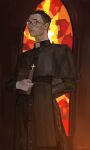  1boy absurdres aegyo_sal arched_window arm_behind_back black_eyes black_hair book cassock clerical_collar commentary cowboy_shot cross_pendant disco_elysium english_commentary expressionless facial_hair glasses gloves highres holding holding_book indoors kim_kitsuragi kozmoraven1610 looking_at_viewer male_focus mustache priest short_hair sideburns solo stained_glass standing white_gloves window 