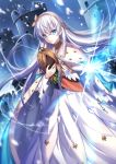  anastasia_(fate/grand_order) bangs blue_eyes cape castle crossed_bangs doll dress fate/grand_order fate_(series) fuyuki_(neigedhiver) hairband highres long_hair looking_at_viewer snow solo white_cape white_dress white_hair 