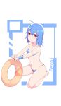  ahoge bangs bare_legs bare_shoulders barefoot bikini blue_hair blush closed_mouth collarbone commentary_request copyright_request eyebrows_visible_through_hair hair_between_eyes highres innertube long_hair looking_at_viewer meng_ge_3_(565571710) orange_innertube purple_eyes smile solo striped striped_bikini swimsuit transparent 