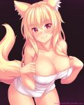  animal_ears artist_self-insert bad_id bad_tumblr_id blonde_hair blush breasts cat_ears cat_tail cleavage collarbone commentary eyebrows_visible_through_hair fast-runner-2024 gradient gradient_background highres large_breasts leaning_forward long_hair looking_at_viewer naked_towel original red_eyes smile solo tail tiffy towel watermark web_address 