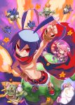  1girl antenna_hair arm_up belt blue_hair bracelet demon_girl demon_horns demon_tail demon_wings disgaea dragon dragon_(disgaea) golem grin hand_on_hip highres horn horns index_finger_raised jewelry laharl long_hair looking_at_viewer navel necktie official_art one_eye_closed pink_eyes pink_hair planet pointy_ears prinny red_eyes scarf shirtless shorts smile standing star succubus succubus_(disgaea) tail thighhighs wings zombie zombie_(disgaea) 