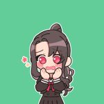  1girl akikaze_rui black_serafuku black_shirt black_skirt blush_stickers bow bowtie brown_hair commentary_request cowboy_shot curtained_hair deformed flower_symbol furrowed_brow green_background habsida_(habsida_hpy) hands_on_own_face hands_up korean_commentary long_hair long_sidelocks long_sleeves looking_at_viewer open_mouth outline peanut_mouth pleated_skirt ponytail red_bow red_bowtie red_eyes rinmeikan_girls_school_uniform sailor_collar school_uniform serafuku shirt shoujo_kageki_revue_starlight shoujo_kageki_revue_starlight_-re_live- sidelocks simple_background skirt solo star_(symbol) straight-on white_outline white_sailor_collar 