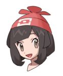  1girl beanie black_hair brown_eyes face female happy hat jpeg_artifacts looking_to_the_side mizuki_(pokemon) open_mouth poke_ball_theme pokemon red_hat shiny shiny_hair short_hair simple_background smile solo white_background zuizi 