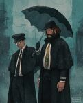  2boys alternate_costume balcony black_capelet black_coat black_gloves black_hair black_hat black_necktie brown_hair capelet coat collared_shirt commentary disco_elysium english_commentary facial_hair fog glasses gloves green_necktie harry_du_bois hat head_tilt holding holding_umbrella horrific_necktie kim_kitsuragi male_focus multiple_boys mutton_chops necktie nipuni outdoors power_lines rain road shirt short_hair standing street umbrella utility_pole white_shirt 
