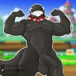 balls big_muscles big_tail black_body bodily_fluids chain_chomp collar dripping foreskin genitals humanoid humanoid_genitalia humanoid_penis male mario_bros muscular muscular_humanoid muscular_male nintendo not_furry penis presenting saggy_balls sharp_teeth smolreapy solo spiked_collar spikes sweat tail teeth watermark 