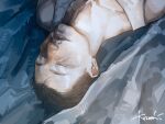 1boy black_hair closed_eyes commentary disco_elysium english_commentary facial_hair from_above highres kim_kitsuragi kozmoraven1610 lying male_focus mustache_stubble on_back portrait shirt short_hair solo stubble tank_top upside-down white_shirt 