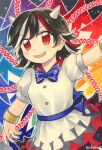  1girl arrow_print bad_id bad_pixiv_id black_hair blue_bow blue_bowtie blush bow bowtie commentary_request cone_horns danmaku dress grey_horns highres horns kijin_seija looking_at_viewer maa_(forsythia1729) multicolored_hair open_mouth puffy_short_sleeves puffy_sleeves red_eyes red_hair short_sleeves small_horns smile solo streaked_hair touhou white_dress white_hair 