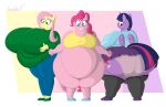 5_fingers anthro belly big_belly big_breasts big_butt blue_eyes bottomwear breasts butt clothed clothing deep_navel doublef-returns equid equine female fingers fluttershy_(mlp) footwear friendship_is_magic fur green_eyes group hand_on_breast happy hasbro hi_res horn horse huge_belly huge_breasts huge_butt hyper hyper_belly leggings legwear mammal morbidly_obese morbidly_obese_anthro morbidly_obese_female my_little_pony mythological_creature mythological_equine mythology navel nervous obese obese_anthro obese_female overweight overweight_anthro overweight_female pants pink_body pink_fur pinkie_pie_(mlp) pony purple_body purple_fur purple_horn shaded shirt shoes shorts skirt standing tail tail_over_skirt topwear trio twilight_sparkle_(mlp) underwear winged_unicorn wings yellow_body yellow_fur