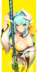  alternate_costume aqua_hair beach bikini bow breasts cleavage collarbone detached_collar dragon_girl dragon_horns eyebrows_visible_through_hair fate/grand_order fate_(series) frilled_bikini frills from_above highres horns japanese_clothes kiyohime_(fate/grand_order) kiyohime_(swimsuit_lancer)_(fate) lifted_by_self lips looking_at_viewer open_mouth ribbon ryuji_(ikeriu) simple_background solo swimsuit thighhighs thighs white_legwear wide_sleeves yellow_background yellow_bikini yellow_bow yellow_eyes yellow_ribbon 