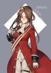  absurdres blush braid breasts brown_hair bullet coat french_braid girls_frontline gloves green_eyes hair_ornament highres holding holding_strap lee-enfield_(girls_frontline) long_hair looking_at_viewer pants red_coat simple_background solo thighhighs uniform white_gloves white_pants wonnie 