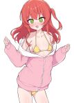  1girl @_@ absurdres bikini blush bocchi_the_rock! breasts choppy_bangs commentary cosplay cowboy_shot flustered front-tie_bikini_top front-tie_top gotoh_hitori gotoh_hitori_(cosplay) green_eyes highres jacket kita_ikuyo long_hair long_sleeves metaljelly micro_bikini one_side_up open_mouth oversized_clothes pink_jacket red_hair simple_background small_breasts solo swimsuit symbol-only_commentary track_jacket two-sided_fabric two-sided_jacket white_background yellow_bikini 