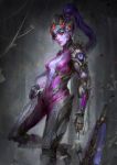  absurdres against_wall bodysuit breasts cleavage daniel_kamarudin grappling_hook gun head_mounted_display high_ponytail highres long_hair looking_at_viewer medium_breasts no_bra nose overwatch pink_bodysuit pink_lips plunging_neckline purple_hair purple_skin rifle sniper_rifle solo weapon widowmaker_(overwatch) yellow_eyes 