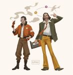  2boys aegyo_sal belt black_eyes black_hair bomber_jacket boots brown_hair chest_hair cigarette collared_shirt commentary contrapposto disco_elysium english_commentary facial_hair finger_gun finger_gun_to_head glasses gloves hands_on_own_hips harry_du_bois holding holding_cigarette jacket kim_kitsuragi looking_to_the_side male_focus multiple_boys mustache_stubble mutton_chops necktie nipuni orange_gloves orange_jacket orange_necktie shirt shirt_tucked_in smoke smoke_trail stubble white_shirt 