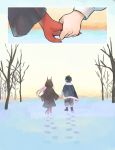  1girl anklet bandaged_feet bandages black_cloak black_footwear black_hair bomhat capelet child cloak comic commentary couple crown darling_in_the_franxx english_commentary footprints from_behind fur-trimmed_capelet fur_trim grey_pants hetero highres hiro_(darling_in_the_franxx) holding_hands hood hood_up hooded_cloak horns jewelry long_hair navy_blue_capelet oni_horns pants parka pink_hair prince red_horns red_skin snow tree zero_two_(darling_in_the_franxx) 