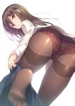  ass bangs black_legwear blurry blurry_foreground brown_hair brown_panties closed_mouth commentary_request depth_of_field dress_shirt eyebrows_visible_through_hair from_behind hair_between_eyes head_tilt highres long_hair long_sleeves looking_at_viewer looking_back massan original panties panties_under_pantyhose pantyhose plaid plaid_panties red_eyes shiny shiny_clothes shirt simple_background skirt skirt_around_one_leg soles solo thighband_pantyhose thighs underwear undressing white_background white_shirt 