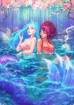  aqua_hair areolae back-to-back blue_eyes borrowed_character bracelet breasts cherry_blossoms commentary commission crown english_commentary headband highres jewelry large_breasts lips long_hair makeup mascara medium_hair mermaid monster_girl multiple_girls necklace nipples nose nude original partially_submerged pendant red_hair scales tan thick_eyebrows water x-arielle 