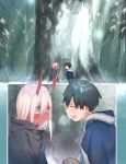  1girl bandages black_cloak black_hair blush bomhat capelet child cloak closed_eyes comic commentary couple darling_in_the_franxx english_commentary eyebrows_visible_through_hair eyes_visible_through_hair fur-trimmed_capelet fur_trim green_eyes hand_on_own_knee hetero highres hiro_(darling_in_the_franxx) hood hooded_cloak horns long_hair looking_at_another navy_blue_capelet oni_horns parka pink_hair red_horns red_pupils red_sclera red_skin seiza sitting snow snowing tree zero_two_(darling_in_the_franxx) 