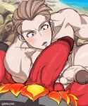  2boys bara beach blue_eyes blush brown_hair buranko! erection interspecies large_penis male_focus multiple_boys muscle npc_trainer ocean outdoors penis pokemon solo_focus sweat yaoi 