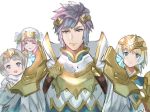  3girls aqua_eyes armor blonde_hair blue_hair brother_and_sister closed_eyes closed_mouth commentary_request crown earrings family feather_trim fire_emblem fire_emblem_heroes fjorm_(fire_emblem_heroes) gradient_hair gunnthra_(fire_emblem) hamomo_fe hrid_(fire_emblem_heroes) jewelry long_hair long_sleeves multicolored_hair multiple_girls open_mouth pink_hair purple_eyes short_hair shoulder_armor siblings silver_hair simple_background sisters smile veil white_background ylgr_(fire_emblem_heroes) 