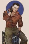  1boy absurdres aegyo_sal black_eyes black_gloves black_hair bomber_jacket commentary crow's_feet disco_elysium english_commentary expressionless facial_hair feet_out_of_frame gloves hand_on_own_face head_tilt highres holding holding_wrench jacket kim_kitsuragi kozmoraven1610 looking_to_the_side male_focus mustache_stubble no_eyewear orange_jacket shirt short_hair sitting smile solo stubble unworn_eyewear white_shirt wrench 