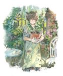  animal_ears apron bangs brown_hair chair closed_mouth commentary garden gloves green_eyes hair_between_eyes holding_plant mikebosi original outdoors plant potted_plant shirt short_hair signature sleeves_rolled_up solo standing table 