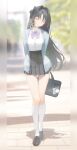  1girl absurdres alternate_costume bag black_hair blue_cardigan blurry blurry_background bow bowtie cardigan closed_eyes closed_mouth commentary facing_viewer feather_hair full_body grey_skirt hair_intakes hashtag-only_commentary highres holding holding_bag long_hair parted_bangs pillarboxed purple_bow purple_bowtie revision school_bag shirt shirt_tucked_in skirt smile socks solo tacet_mark_(wuthering_waves) very_long_hair white_shirt white_socks wuthering_waves yangyang_(wuthering_waves) youngjoo_kjy 