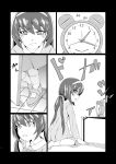  absurdres alarm_clock clock closed_mouth comic commentary_request door eyebrows_visible_through_hair frown girls_und_panzer greyscale hairband hand_on_floor highres long_sleeves looking_at_viewer moku_x_moku monochrome open_door open_mouth ponytail reizei_mako shoes sitting socks table tears tile_floor tiles translation_request wariza 