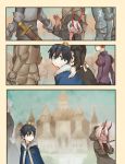  5boys apron armor black_cloak black_hair blue_eyes bomhat capelet castle chain chain_necklace child cloak collar comic commentary couple crown darling_in_the_franxx english_commentary eyebrows_visible_through_hair fur-trimmed_capelet fur_trim gauntlets hand_on_another's_back hand_up hetero highres hiro_(darling_in_the_franxx) holding_chain holding_necklace hood hood_up hooded_cloak horns long_hair looking_at_another looking_back maid maid_dress multiple_boys multiple_girls navy_blue_capelet one_eye_closed oni_horns parka pink_hair prince red_horns red_pupils red_sclera red_skin sheath sheathed slave soldier sword weapon white_apron zero_two_(darling_in_the_franxx) 