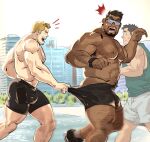  3boys abs armpit_hair armpit_hair_peek bara beach body_hair boxers dark-skinned_male dark_skin empty_eyes facial_hair from_side hairy highres large_pectorals male_focus male_underwear mature_male medium_sideburns multiple_boys muscular muscular_male nipples notice_lines original pectorals profile running runnnyaoi sexual_harassment sharp_teeth shirt short_hair shorts sideburns sideburns_stubble sideways_glance sleeveless sleeveless_shirt sparse_arm_hair sparse_chest_hair sparse_leg_hair strongman_waist stubble sunglasses sweatdrop teeth thick_navel_hair thick_thighs thighs topless_male underwear unspoken_(firebreath110) white_shorts yaoi 