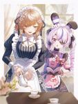  2girls :o ahoge animal_ear_hairband animal_ears apron black_bow black_dress black_gloves blonde_hair blurry blurry_background border bow bowtie braid collar cowboy_shot cross-laced_clothes cross-laced_dress cup detached_sleeves dress drill_hair eyepatch fake_animal_ears flower frilled_apron frilled_collar frilled_cuffs frilled_dress frilled_gloves frills gloves hair_bow hair_flower hair_ornament hairband half-closed_eyes hashtag-only_commentary heart heart_ahoge highres holding holding_notebook holding_pencil holding_teapot juliet_sleeves klara_charmwood klara_charmwood_(1st_costume) long_hair long_sleeves maid maid_apron maid_headdress maria_marionette maria_marionette_(maid) multicolored_hair multiple_girls nijisanji nijisanji_en notebook open_mouth outside_border pencil pink_apron pink_bow pink_hair pink_streaks pouring puffy_detached_sleeves puffy_sleeves purple_eyes purple_streaks rabbit_ear_hairband rabbit_ears side_braids streaked_hair striped_clothes striped_dress teacup teapot twin_drills underbust vase vertical-striped_clothes vertical-striped_dress virtual_youtuber white_apron white_border white_bow white_bowtie xiaomiao_zzz 
