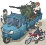  3girls adjusting_eyewear amd-65 anti-aircraft_gun assault_rifle autocycle belt black-framed_eyewear black_boots black_eyes black_gloves black_hair black_shirt black_skirt black_socks blonde_hair blouse blue_eyes boots brown_shoes car closed_mouth commentary_request dress_shirt emblem frown gloves goggles goggles_on_head grey_shirt gun hair_ornament hairclip half-closed_eyes hand_on_own_hip highres honda honda_cl125 loafers logo long_sleeves looking_at_another manually-operated_mounted_gun mazda mazda_t2000 medium_hair mikeran_(mikelan) military miniskirt motor_vehicle motorcycle multiple_girls neckerchief necktie on_motorcycle on_truck open_mouth original outdoors pickup_truck pleated_skirt ponytail red_necktie revision riding rifle school_uniform serafuku shadow shirt shoes short_hair short_ponytail single_horizontal_stripe sitting skirt smile socks standing technical three-wheeler translation_request truck utility_belt vehicle_focus vz._58 weapon white_neckerchief white_shirt zpu-2 