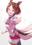  1girl akatsuki_(kuon) animal_ears ascot black_sailor_collar black_thighhighs blush bow breasts brown_hair commentary_request flower_in_eye horse_ears horse_girl horse_tail looking_at_viewer medium_breasts open_mouth petals pink_ascot pink_bow pink_eyes pink_vest puffy_short_sleeves puffy_sleeves purple_eyes sailor_collar sakura_laurel_(saisir_le_reve)_(umamusume) sakura_laurel_(umamusume) shirt short_hair short_sleeves shorts single_thighhigh smile solo symbol_in_eye tail teeth thighhighs umamusume upper_teeth_only vest white_shorts wristband 