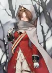  absurdres blush breasts brown_hair bullet cloak coat girls_frontline gloves green_eyes gun hair_ornament highres holding holding_strap hood hooded_cloak lee-enfield lee-enfield_(girls_frontline) long_hair looking_at_viewer pants red_coat rifle solo tree uniform weapon white_gloves white_pants wonnie 