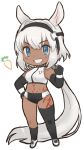  animal_ears bangs blue_eyes breasts caenis_(fate) chibi commentary_request dark_skin elbow_gloves eyebrows_visible_through_hair fate/grand_order fate_(series) gloves grin hair_intakes hairband large_breasts long_hair looking_at_viewer navel roby_(lilirenzu) short_shorts shorts single_thighhigh smile solo tattoo thighhighs white_hair 