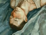  1boy black_hair closed_eyes commentary disco_elysium english_commentary facial_hair from_above highres kim_kitsuragi kozmoraven1610 lying male_focus mustache_stubble on_back portrait shirt short_hair solo stubble tank_top upside-down variant_set white_shirt 