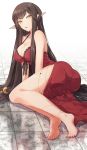  agsen ass barefoot black_hair breasts cleavage commentary_request dress fate/apocrypha fate_(series) highres large_breasts long_dress long_hair looking_at_viewer on_floor pointy_ears red_dress semiramis_(fate) side_slit solo tile_floor tiles toenail_polish very_long_hair yellow_eyes 
