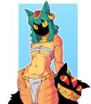 2026 anthro bandage bandaged_chest belly bottomwear bracelet breasts claws clothed clothing collar digital_drawing_(artwork) digital_media_(artwork) egyptian egyptian_clothing felid feline female front_view fur gem green_hair grin hair half-length_portrait hi_res horn jewelry living_tail loincloth looking_at_viewer mammal medium_breasts medium_hair orange_body orange_fur petting portrait pubes pupils red_sclera roodyyelen scratching sharp_teeth simple_background skimpy smile solo tail teeth thick_thighs tuft unusual_anatomy unusual_tail wide_hips yellow_eyes