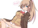  bangs blue_eyes bow bowtie breasts brown_jacket brown_legwear buttons caburi cleft_of_venus collared_shirt commentary_request eyebrows_visible_through_hair hair_between_eyes hair_ornament jacket kantai_collection kumano_(kantai_collection) light_brown_hair long_hair looking_at_viewer medium_breasts open_clothes open_jacket panties panty_pull ponytail red_bow red_neckwear remodel_(kantai_collection) ribbon school_uniform shirt simple_background solo speech_bubble teeth thighhighs translation_request unbuttoned underwear white_background white_panties white_shirt 