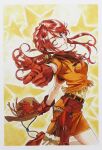  1girl belt blue_eyes boots cowboy_boots cowboy_hat cowboy_western floating_hair fringe_trim gemini_sunrise gun handgun hat holding holding_unworn_clothes holding_unworn_hat holster holstered jacket long_hair looking_at_viewer low_ponytail matsubara_hidenori non-web_source official_art one_eye_closed orange_jacket orange_skirt outstretched_arm parted_lips pencil_skirt pointing pointing_at_viewer ponytail red_boots red_hair sakura_taisen sakura_taisen_v shirt_tucked_in short_sleeves skirt solo star_(symbol) unworn_hat unworn_headwear weapon 