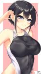  1girl arisu_(alice1019sm) black_hair black_one-piece_swimsuit breasts commentary_request competition_school_swimsuit covered_navel grey_eyes highleg highleg_one-piece_swimsuit highres large_breasts looking_at_viewer one-piece_swimsuit original school_swimsuit short_hair solo swimsuit tomboy two-tone_swimsuit 