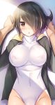  1girl :o against_wall arms_up bangs black_hair black_jacket blush breasts commentary_request covered_navel covered_nipples dark_skin dark_skinned_male emperor_penguin_(kemono_friends) eyebrows_visible_through_hair eyes_visible_through_hair groin hair_over_one_eye highleg highleg_leotard highres hood hood_down hooded_jacket jacket kemono_friends large_breasts leotard light_rays long_hair long_sleeves looking_at_viewer massan multicolored_hair open_clothes open_jacket parted_lips pinned pov solo_focus turtleneck two-tone_hair yellow_eyes 