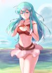  aqua_eyes aqua_hair beach belt blue_sky breasts brown_belt cleavage cleavage_cutout closed_mouth cloud commentary_request day eirika embarrassed fire_emblem fire_emblem:_seima_no_kouseki hand_on_own_chest highres hirotaka_(hrtk990203) long_hair medium_breasts midriff navel sidelocks skirt sky solo standing swimsuit thighs water white_skirt 