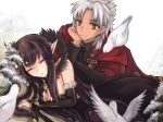  1girl amakusa_shirou_(fate) animal animal_on_shoulder bird bird_on_shoulder black_hair breasts brown_eyes cleavage closed_eyes commentary_request dark_skin detached_sleeves dove fate/apocrypha fate_(series) flower fur_trim grey_hair long_hair lying on_side pointy_ears runliya semiramis_(fate) sleeping spike very_long_hair 