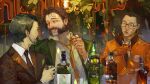  3boys absurdres alcohol black_eyes black_hair black_jacket black_necktie black_suit blazer blush bomber_jacket bottle brown_hair collared_shirt commentary cup disco_elysium drunk english_commentary facial_hair glasses gloves grin half-closed_eyes hand_up harry_du_bois highres holding holding_cup jacket jean_vicquemare kim_kitsuragi kozmoraven1610 lens_flare looking_at_another male_focus multiple_boys mutton_chops necktie night nose_blush orange_gloves orange_jacket outdoors parted_lips plant shirt short_hair smile suit upper_body variant_set white_shirt yellow_necktie 