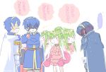  2girls black_gloves blue_cape blue_hair blush cape chiki commentary dual_persona fire_emblem fire_emblem:_kakusei fire_emblem:_monshou_no_nazo fire_emblem_heroes from_side gloves green_hair hair_ribbon long_hair long_sleeves lucina mamkute marth marth_(fire_emblem:_kakusei) mask multiple_boys multiple_girls open_mouth pink_swimsuit pointy_ears ponytail qumaoto red_ribbon ribbon short_hair simple_background standing swimsuit tiara translated white_background white_cape white_gloves 