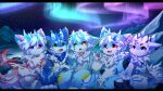  2023 2_horns 6_horns anthro aurora_(phenomenon) bell bell_collar big_eyes blue_body blue_eyes blue_fur blue_horn canid canine collar fox fur green_eyes grey_body grey_fur group hlg7777 horn kemono male mammal multi_horn orange_eyes purple_eyes red_body red_fur slim_anthro slim_male solo white_body white_fur 