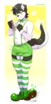  anthro bow_tie bulge canine clothing crisp_the_wolf footwear male mammal shoes solo suspenders tokifuji wolf 