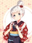  :o bad_id bad_pixiv_id blue_eyes blush copyright_request cup floral_print flower hair_bun hair_flower hair_ornament head_tilt highres holding holding_cup japanese_clothes kimono looking_at_viewer nunucco parted_lips print_kimono red_flower red_kimono short_sleeves sidelocks signature silver_hair solo steam wide_sleeves 