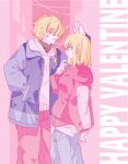  1boy 1girl absurdres ahoge blonde_hair blue_jacket blue_pants braid building commentary_request english_text fate/strange_fake fate_(series) hand_in_pocket hand_up happy_valentine highres hood hoodie jacket kanitak0 long_sleeves looking_at_viewer multicolored_hair pants pink_hoodie pink_pants profile rattail red_hair richard_i_(fate) sajou_ayaka_(fate/strange_fake) sideways_glance streaked_hair white_hoodie 